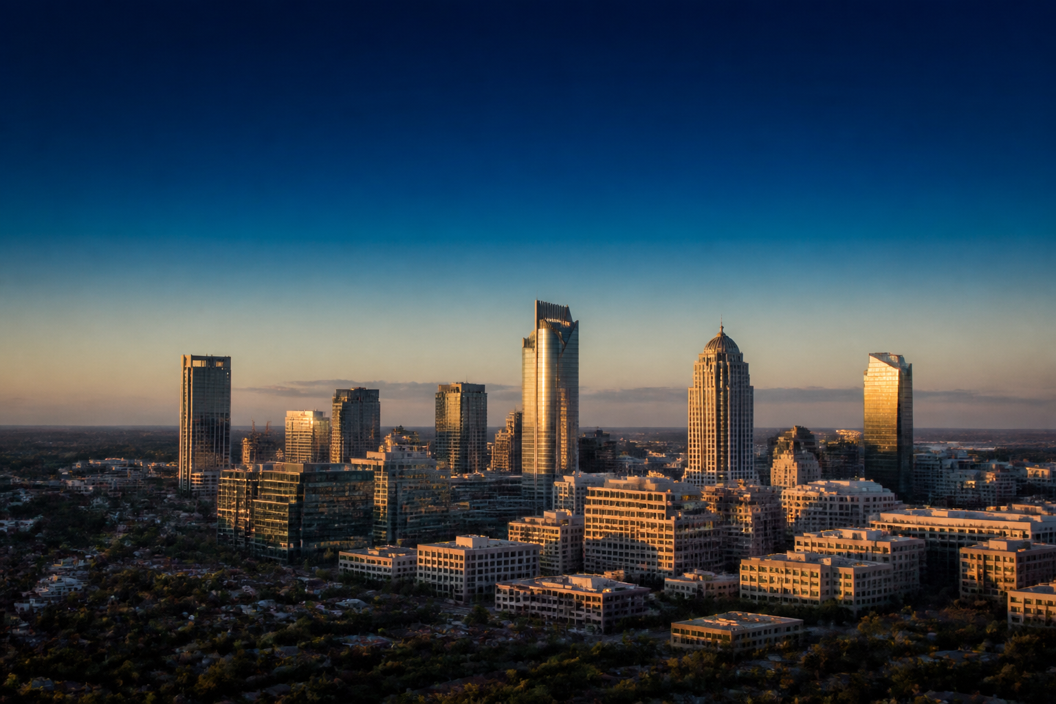 Aerial view of the Sandton, Johannesburg business district skyline at golden hour